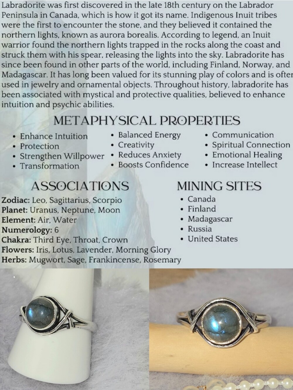 Tiny Labradorite Gemstone Unique Handmade Halo Ring Boho Engagement - Picture 6 of 7